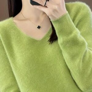 Bright green 100% wool v neck sweater, medium, $35.